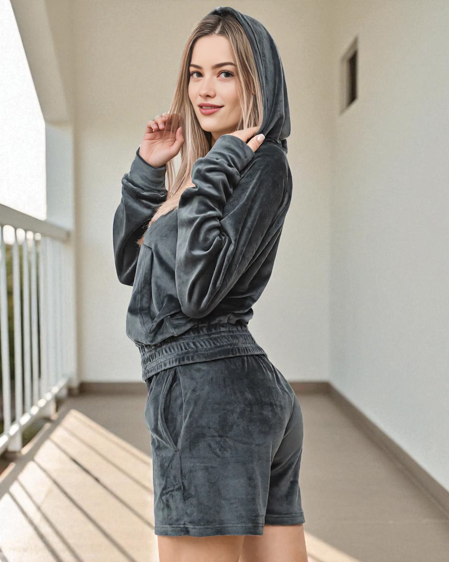 Women's Velvet Short Hood & Shorts Set