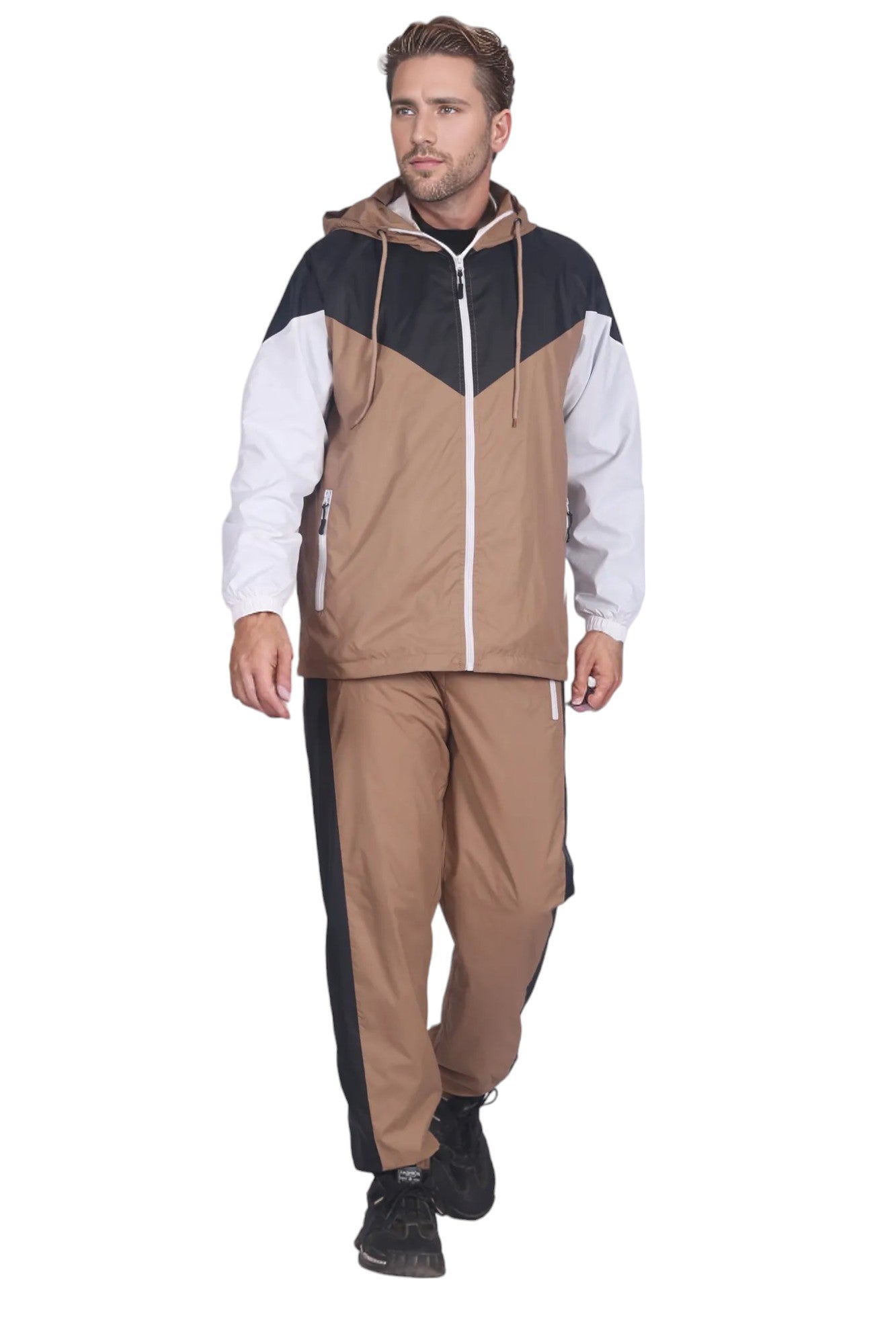 Men’s Colorful Hooded Windbreaker Sweatsuit Meshed Lined Nylon Water Repellent GYM Outfit
