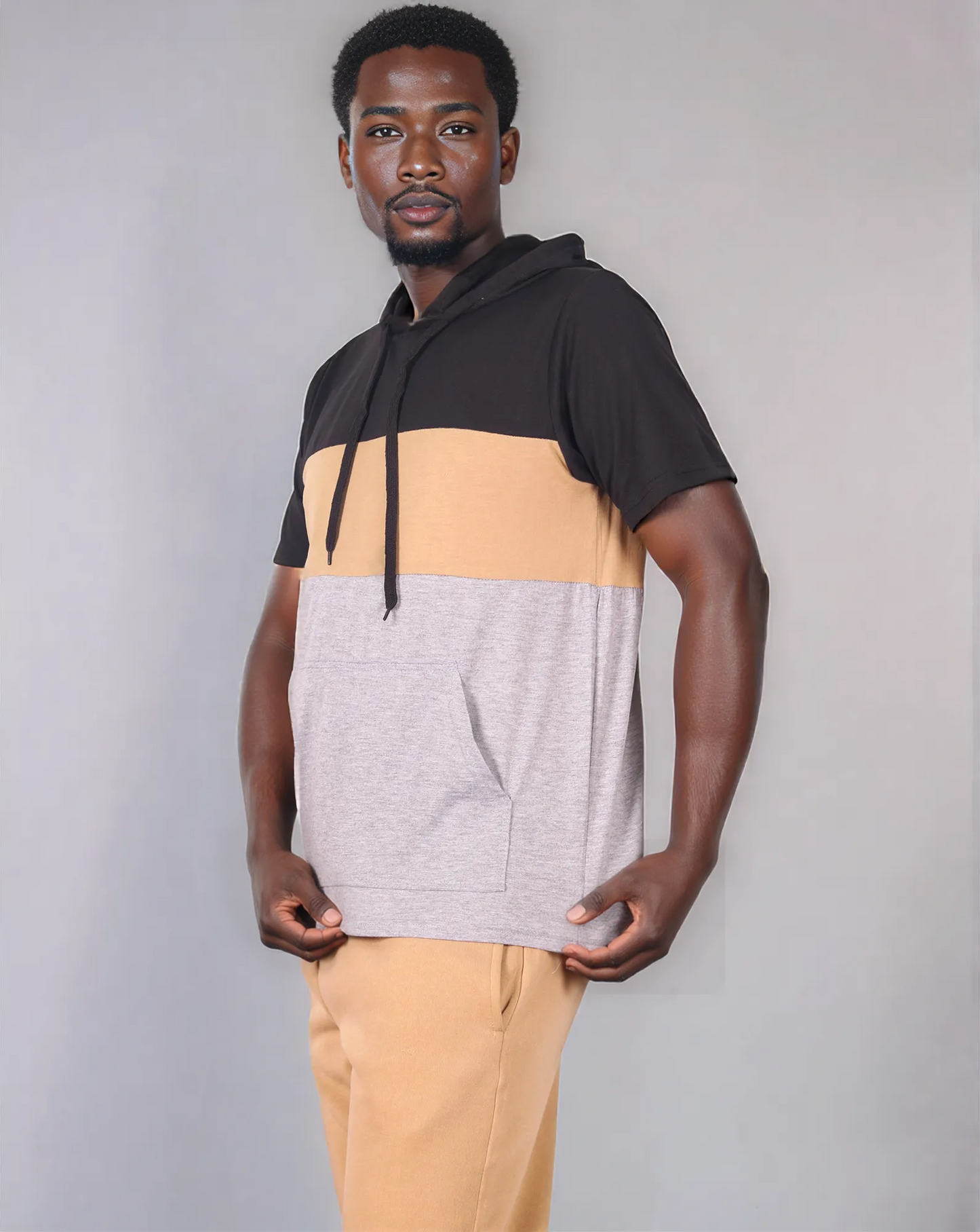 Men’s 2-piece Color block Short Set pullover Hoodie with matching shorts