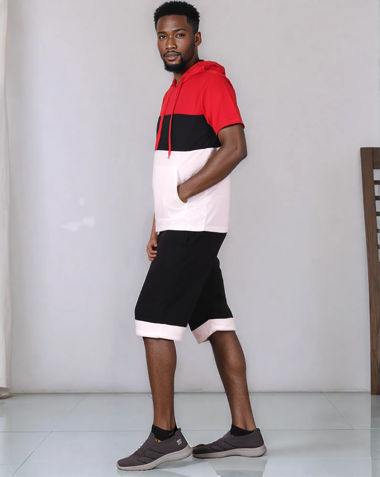 Men’s 2-piece Color block Short Set pullover Hoodie with matching shorts