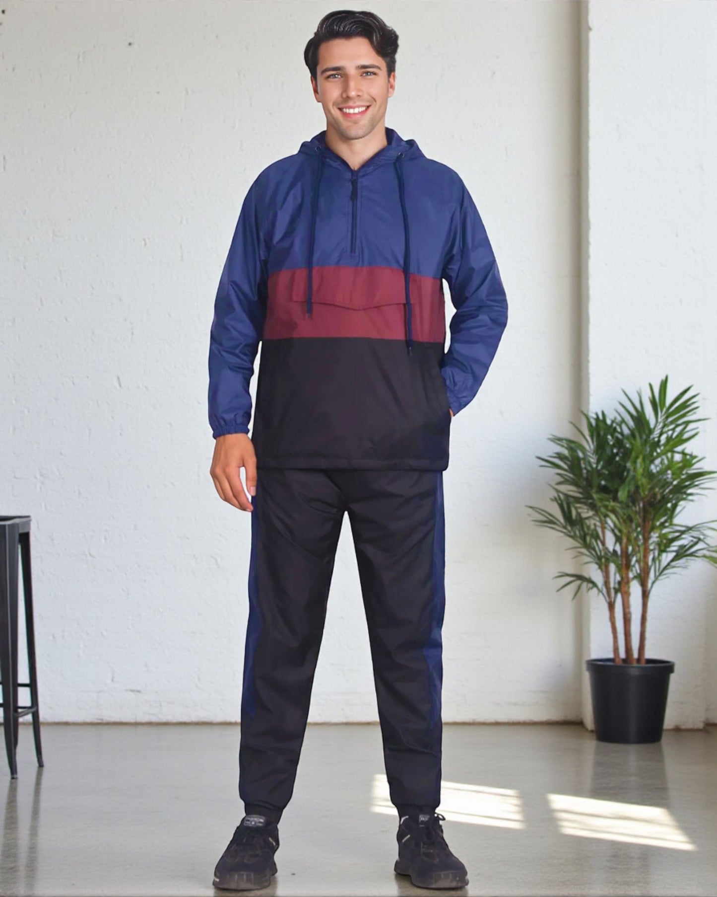 Men’s 2-Piece Quarter Zip Pullover Windbreaker Tracksuit Jogger Sports Mesh lined Outfit