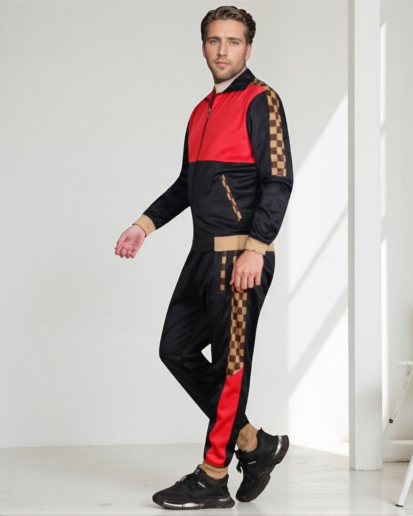 Men’s 2 piece Checker box Jogger style Jogging Suit Track Jacket & Track pants Matching Suit