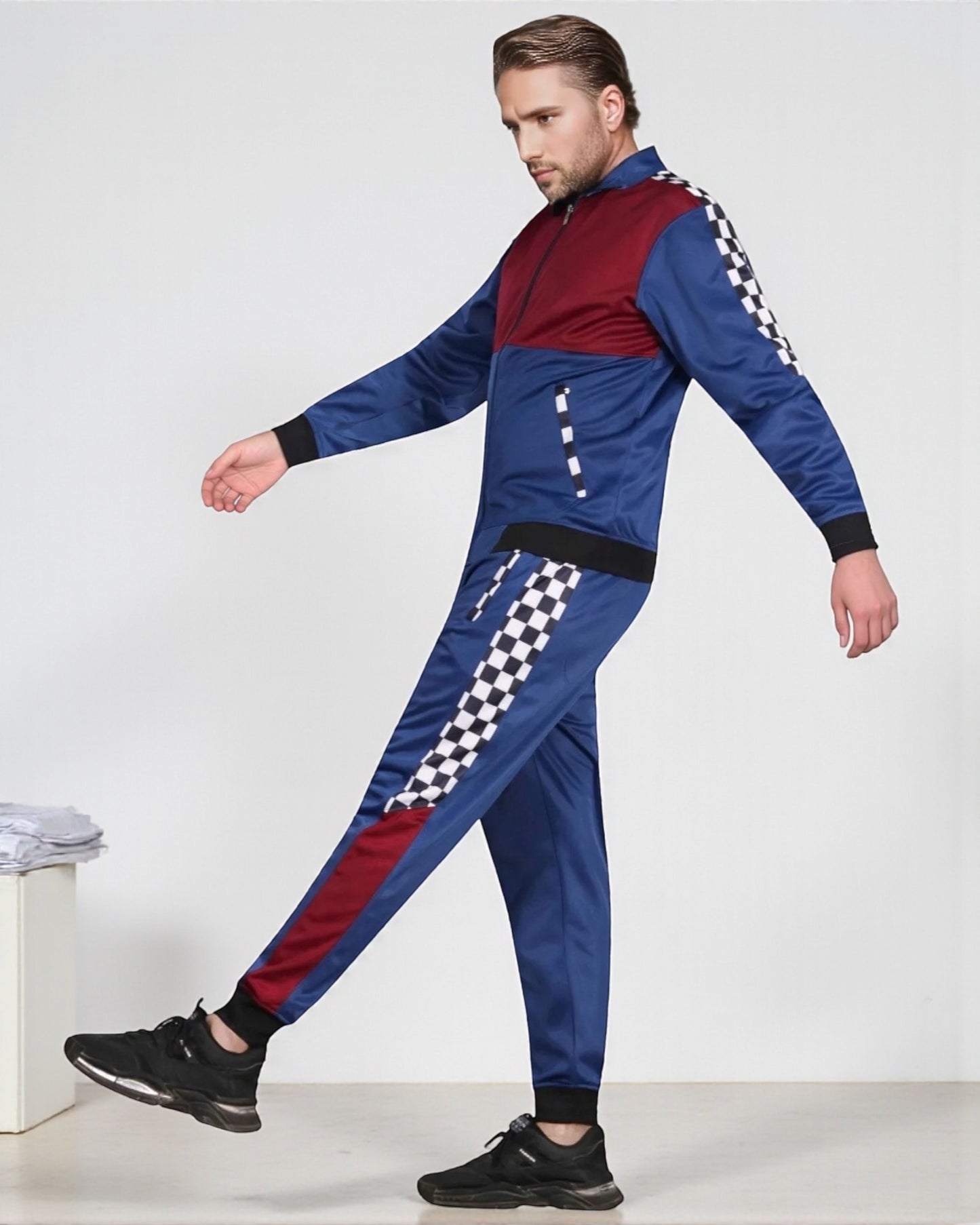 Men’s 2 piece Checker box Jogger style Jogging Suit Track Jacket & Track pants Matching Suit