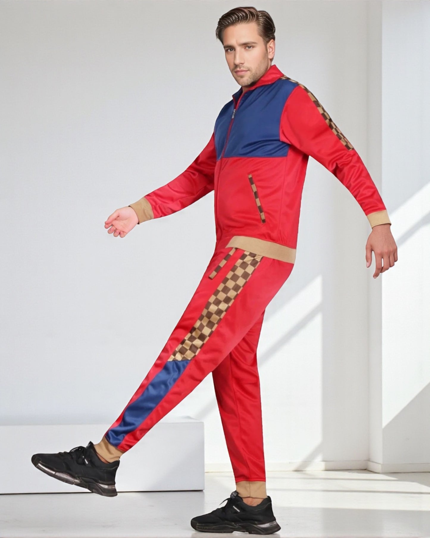 Men’s 2 piece Checker box Jogger style Jogging Suit Track Jacket & Track pants Matching Suit