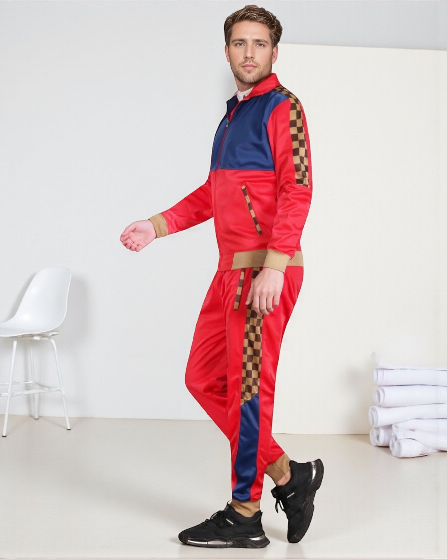 Men’s 2 piece Checker box Jogger style Jogging Suit Track Jacket & Track pants Matching Suit
