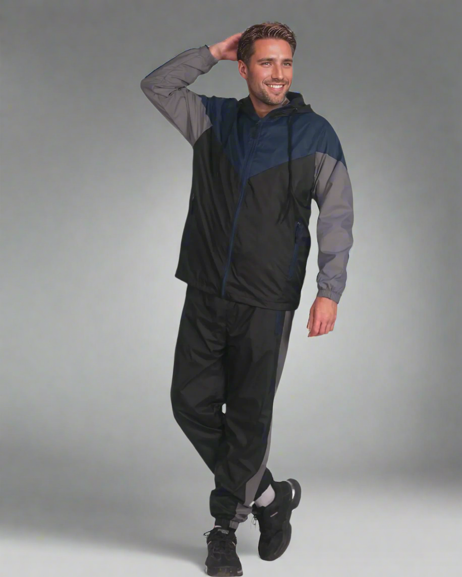 Men’s Colorful Hooded Windbreaker Sweatsuit Meshed Lined Nylon Water Repellent GYM Outfit