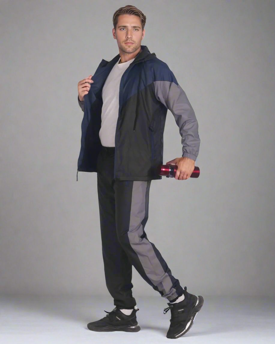 Men’s Colorful Hooded Windbreaker Sweatsuit Meshed Lined Nylon Water Repellent GYM Outfit