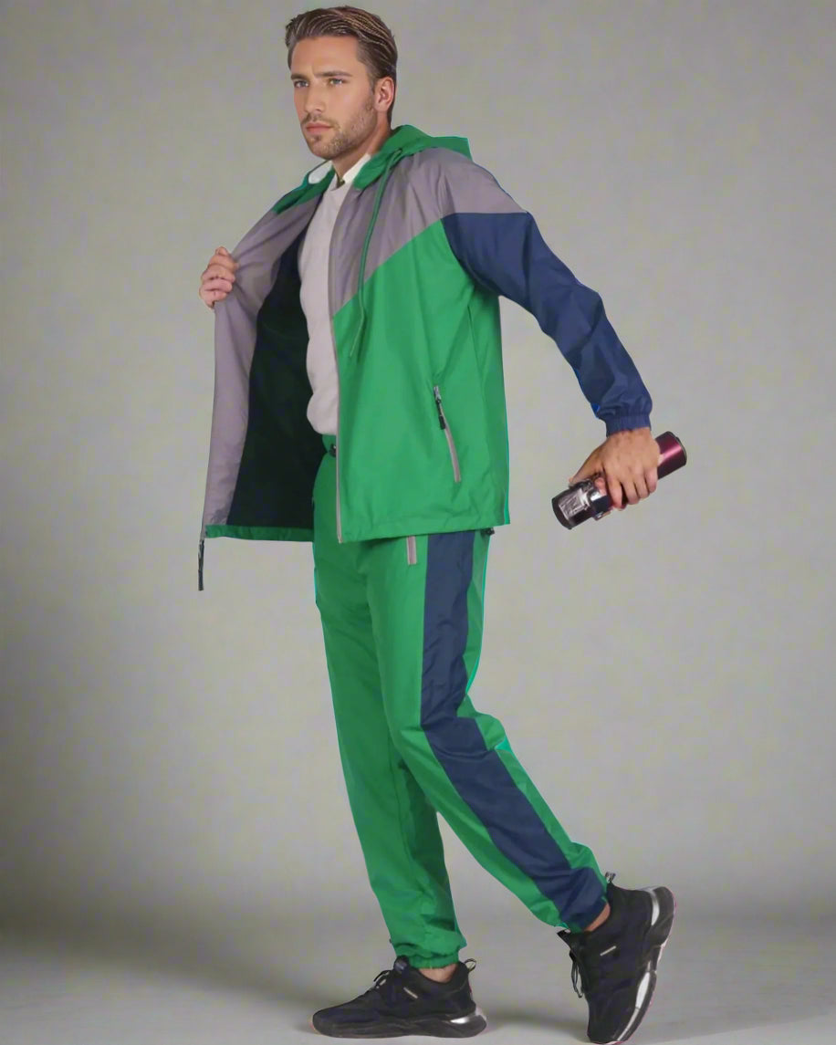 Men’s Colorful Hooded Windbreaker Sweatsuit Meshed Lined Nylon Water Repellent GYM Outfit