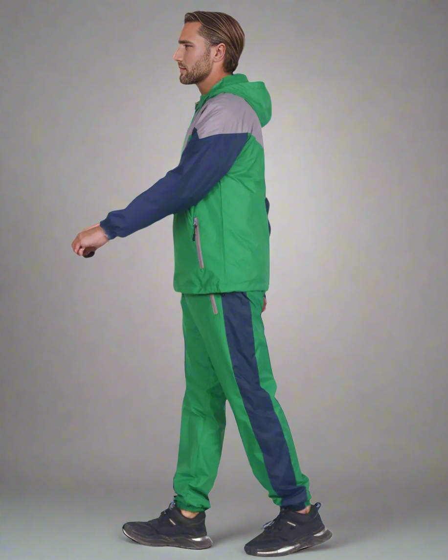 Men’s Colorful Hooded Windbreaker Sweatsuit Meshed Lined Nylon Water Repellent GYM Outfit