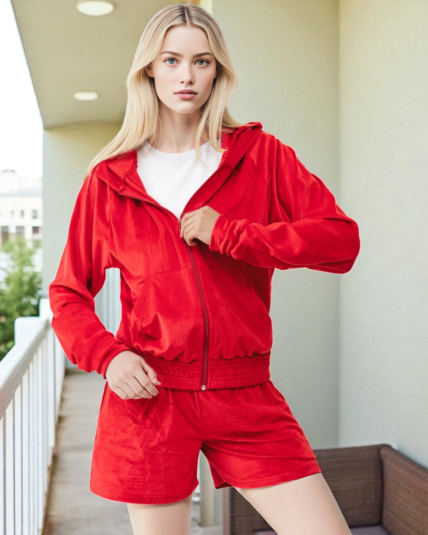 Women's Velvet Short Hood & Shorts Set