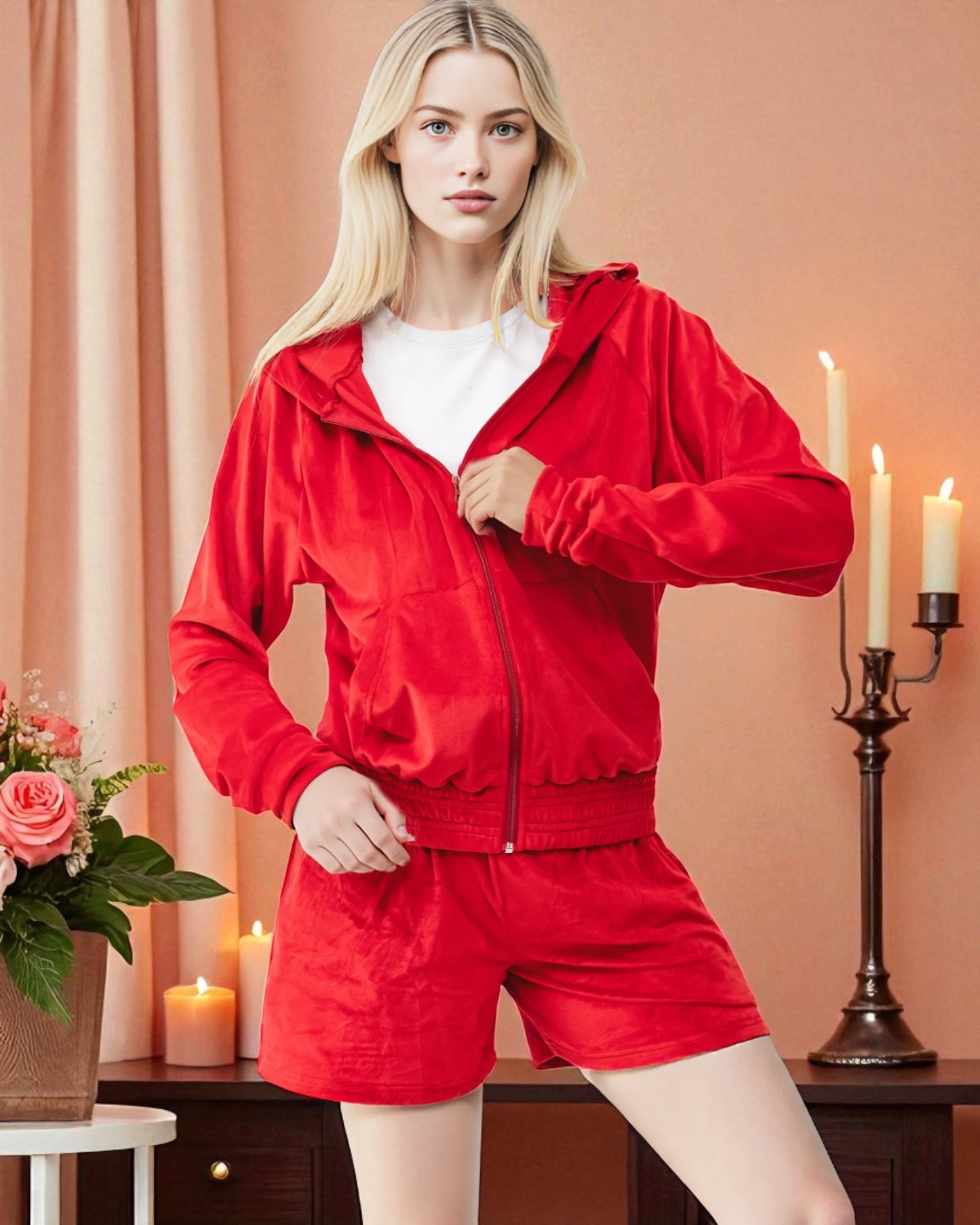 Women's Velvet Short Hood & Shorts Set