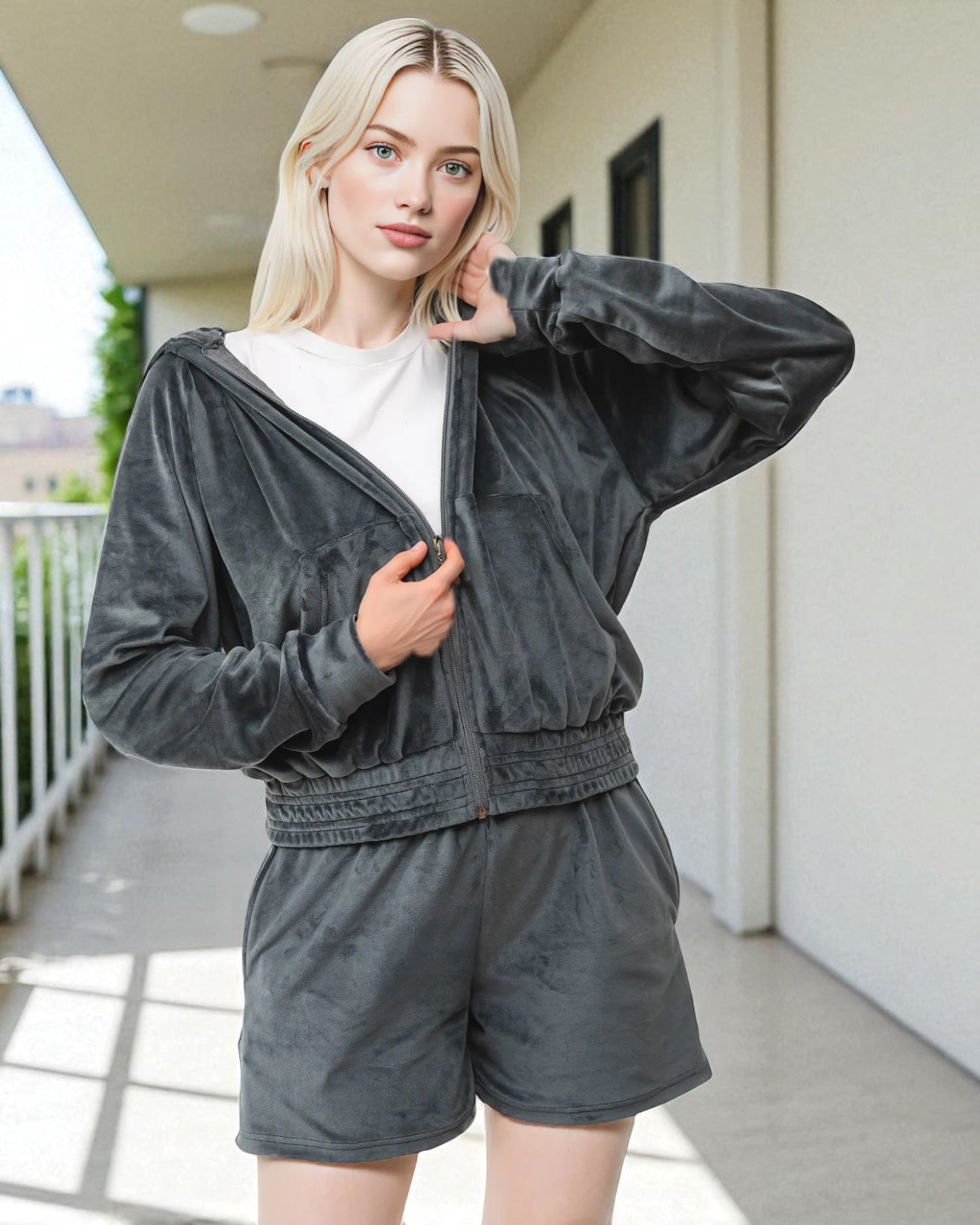 Women's Velvet Short Hood & Shorts Set