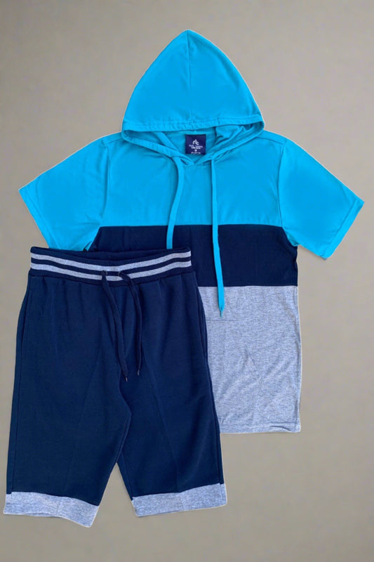 Men’s 2-piece Color block Short Set pullover Hoodie with matching shorts