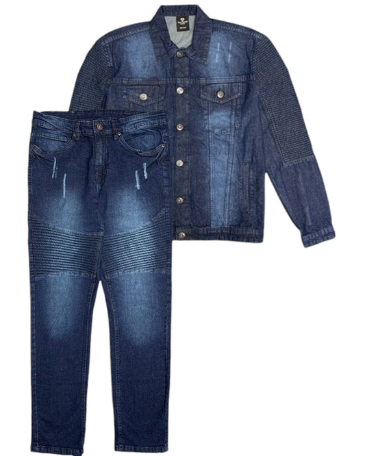 Men's Biker Denim Jean Suit with Rips 2-Piece Outfit Jacket & Pants