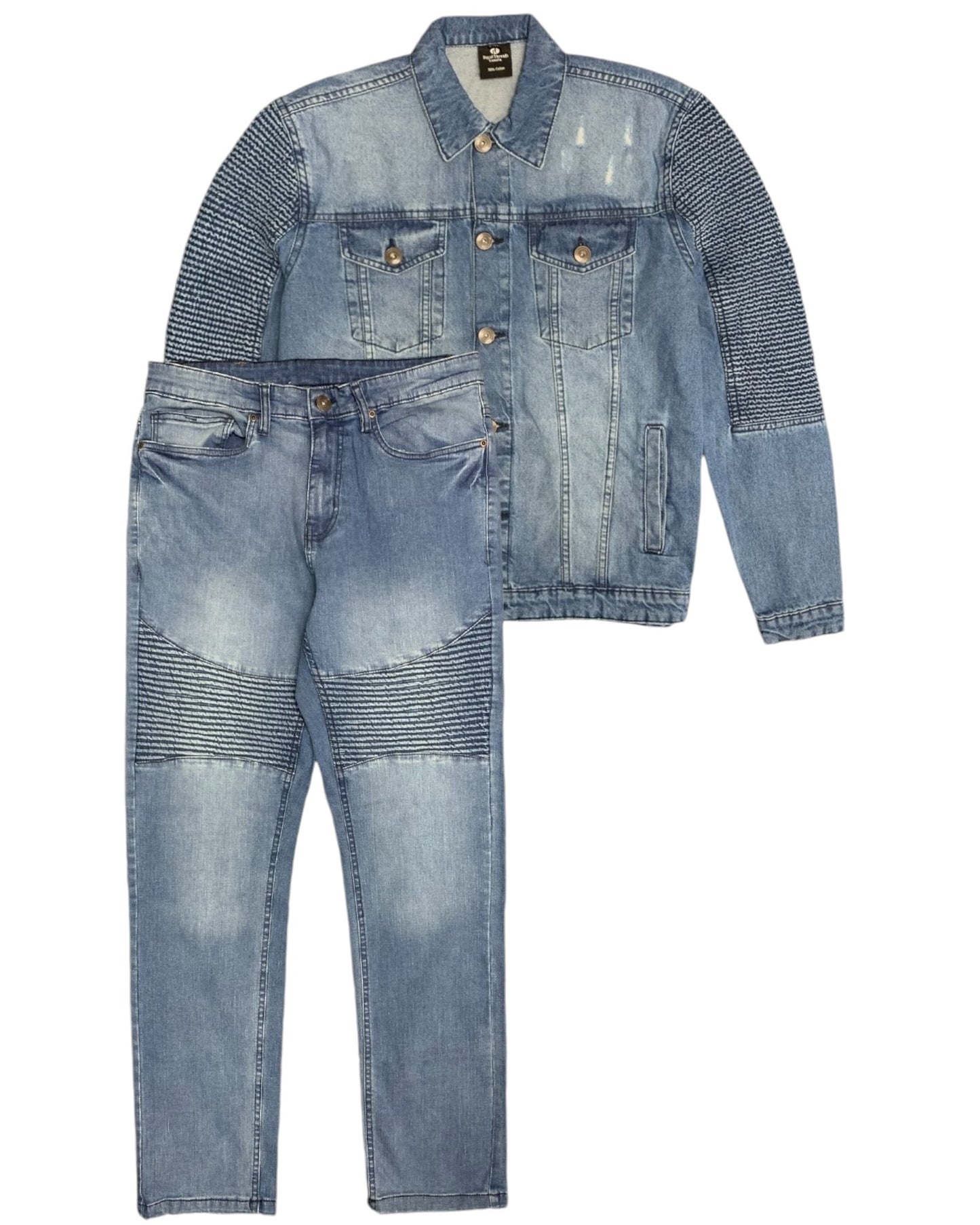 Men's Biker Denim Jean Suit with Rips 2-Piece Outfit Jacket & Pants