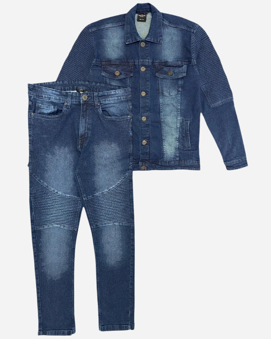 Men’s Denim Suit Standard Cut Biker Jacket With Slim Fit Biker Pants