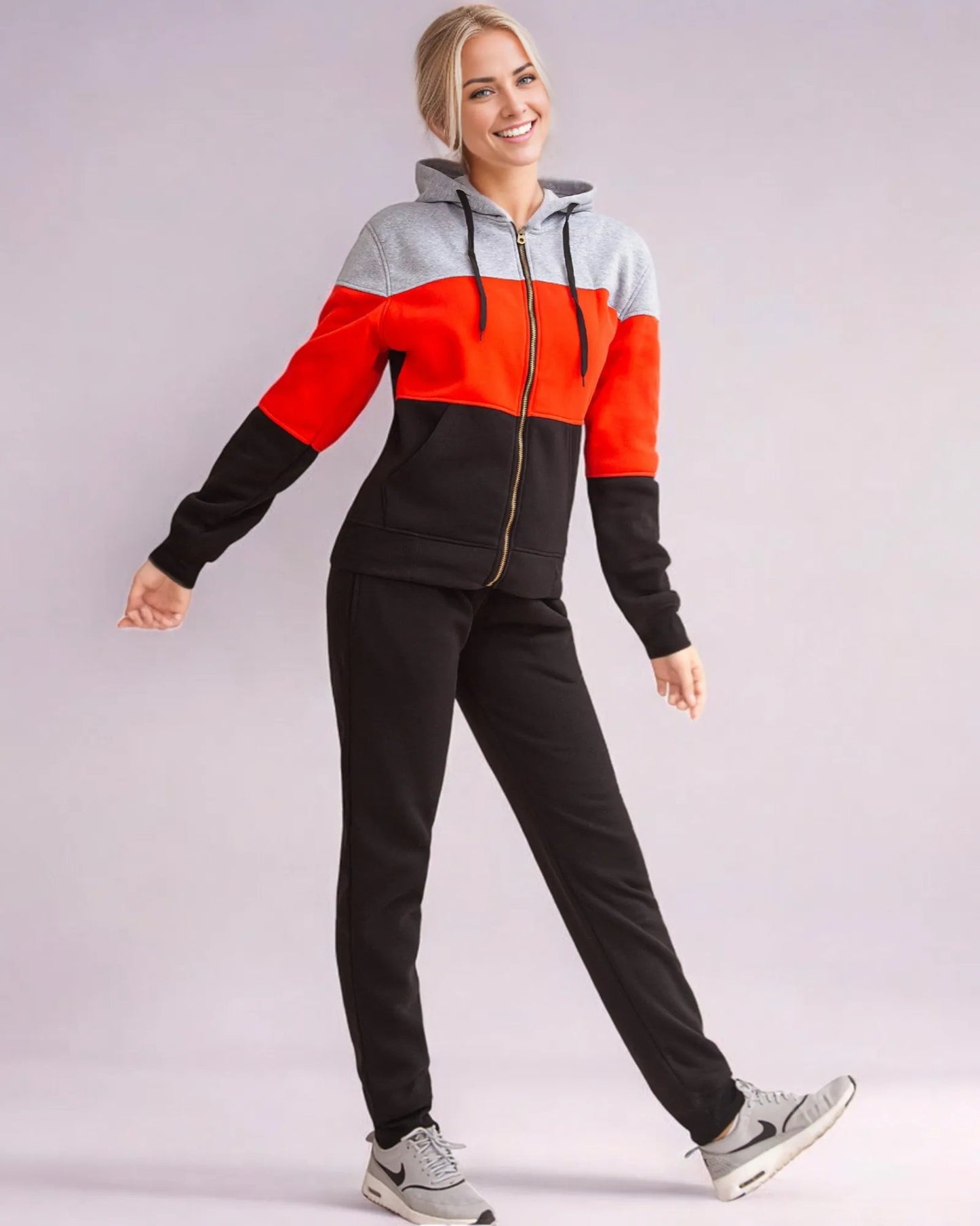 Women's ColorBlock Fleece SweatJacket and Jogger Sweatpants 2-Piece Fleece Suit