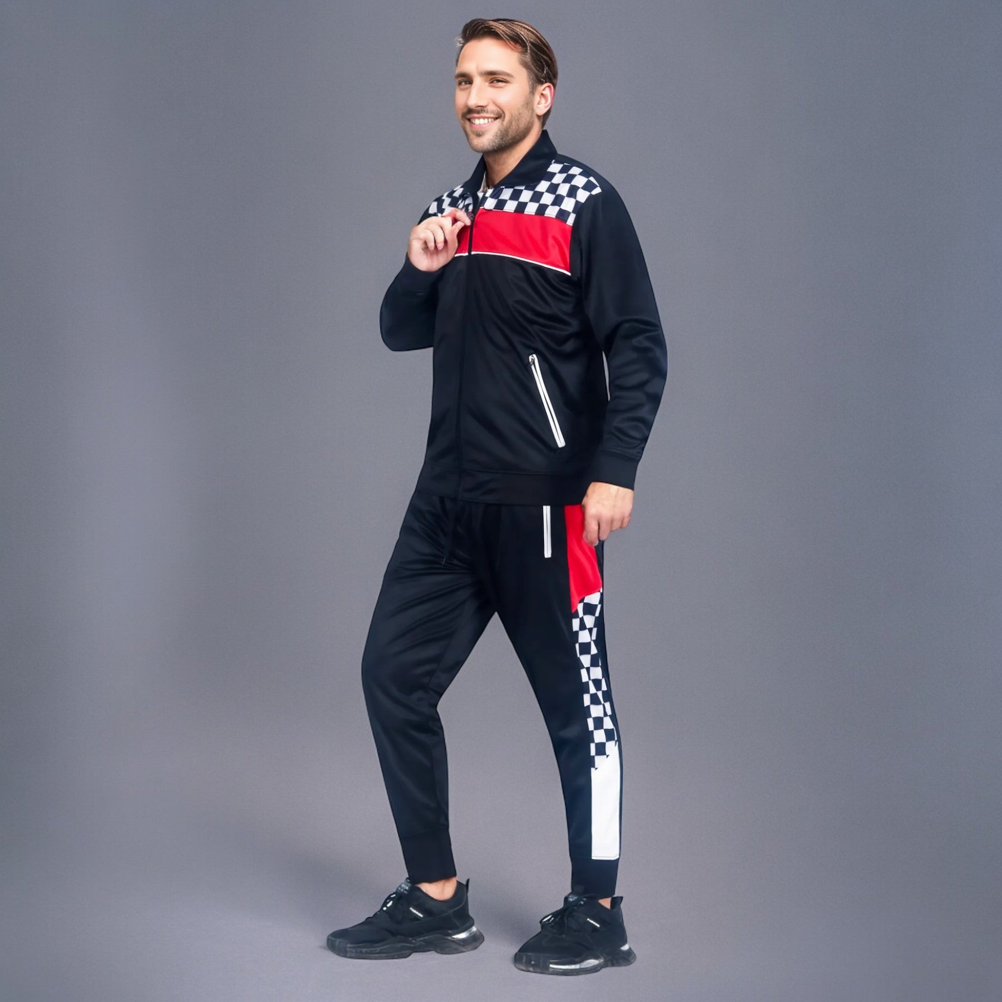 Men's Designer Checkered Tracksuit Set - Matching Jogger Pants & Zip Jacket (2-Piece)