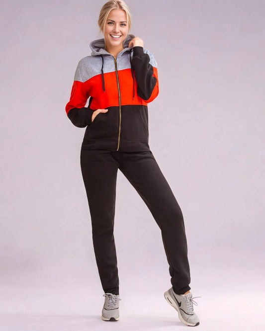 Women's ColorBlock Fleece SweatJacket and Jogger Sweatpants 2-Piece Fleece Suit