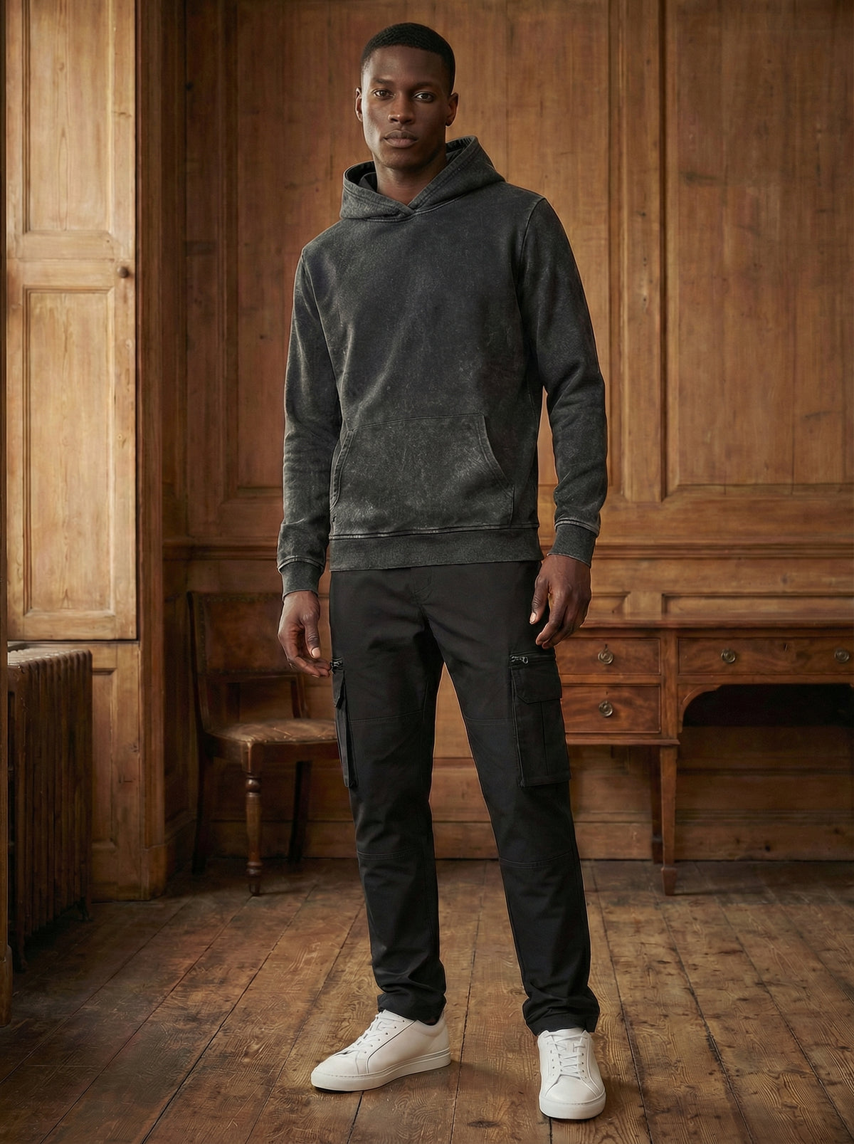 Black men’s vintage acid wash pullover hoodie, alternate view 1