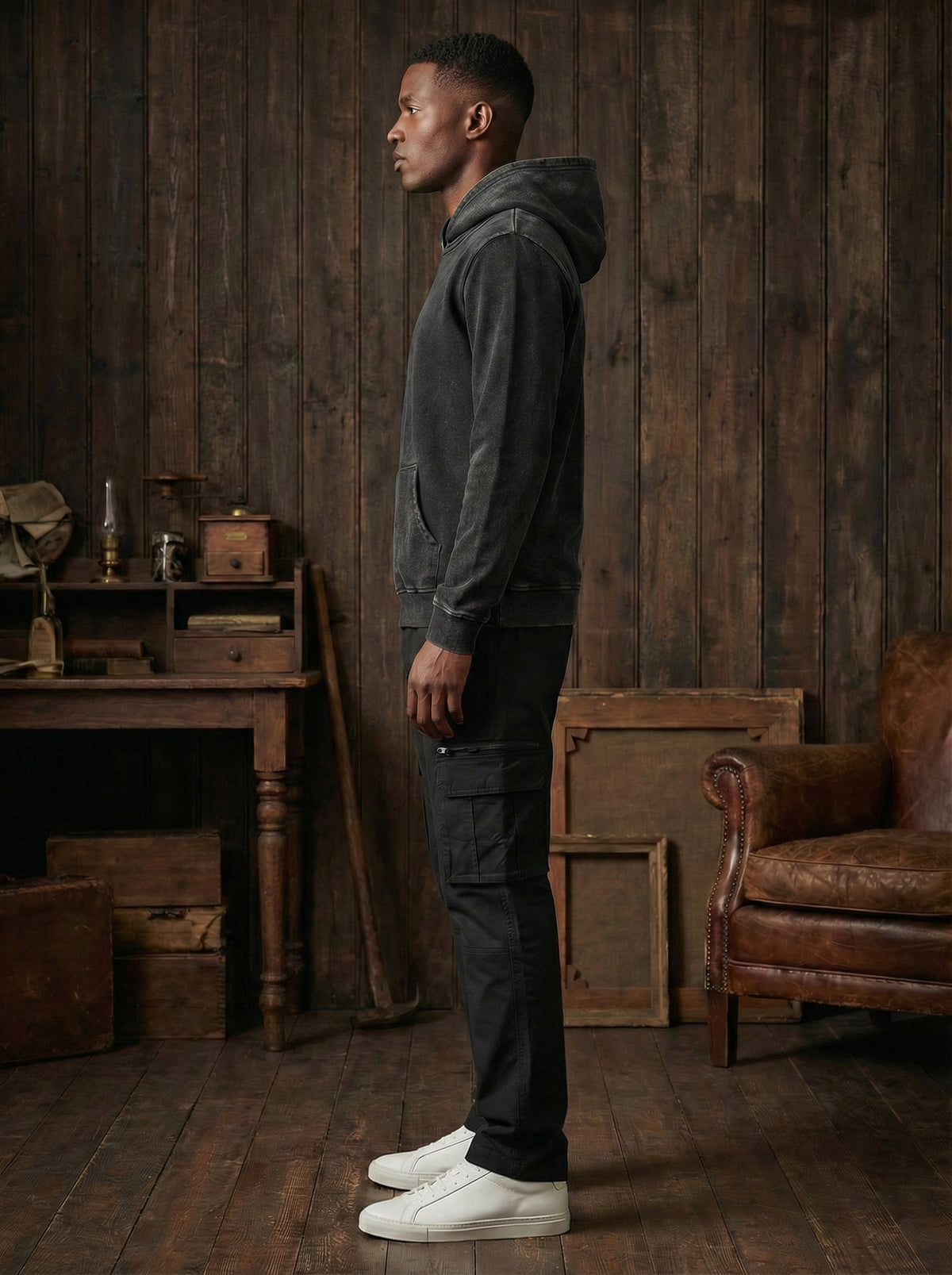 Black men’s vintage acid wash pullover hoodie, alternate view 2