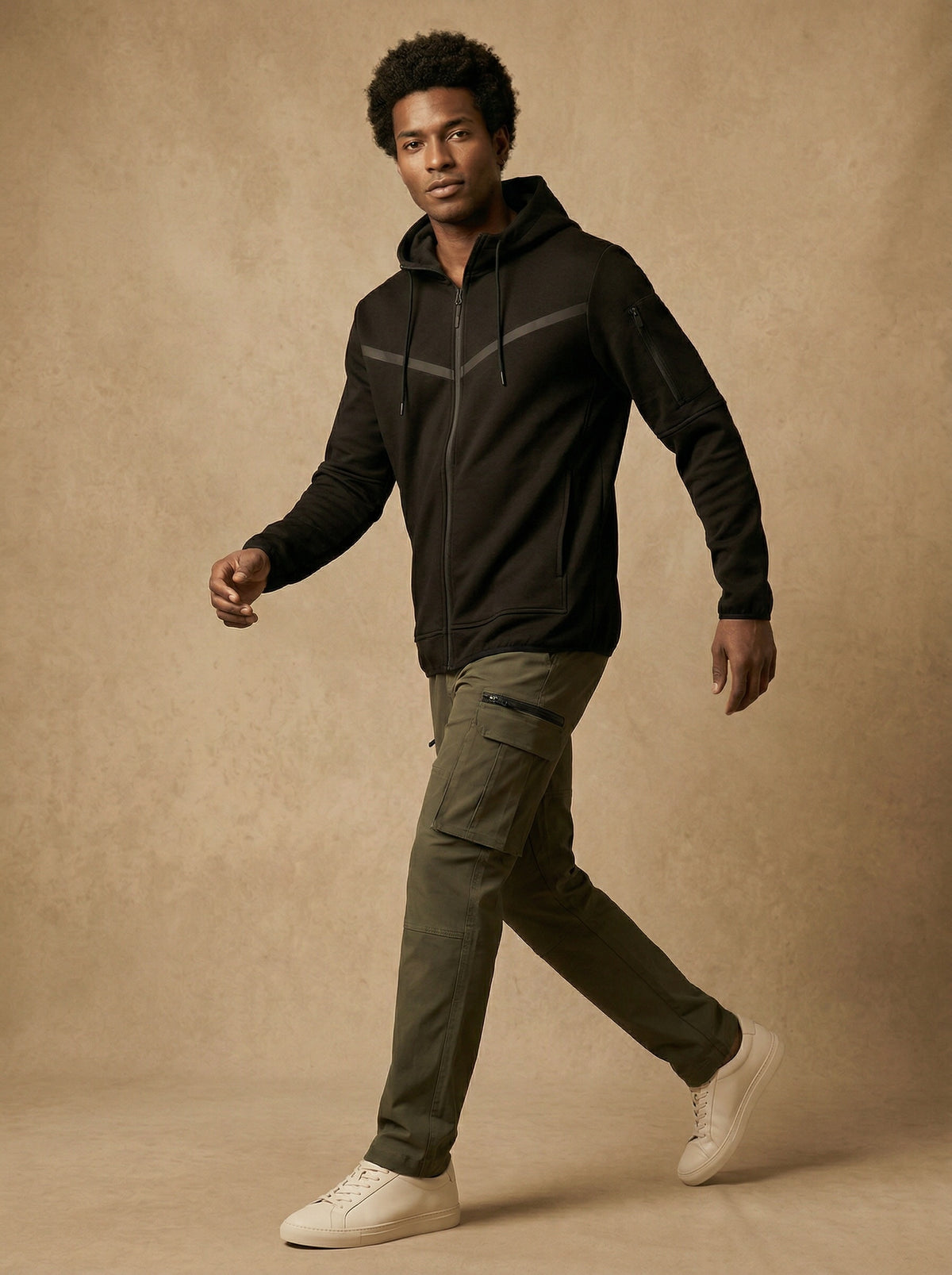Black solid tech fleece zip-up hoodie alternate view