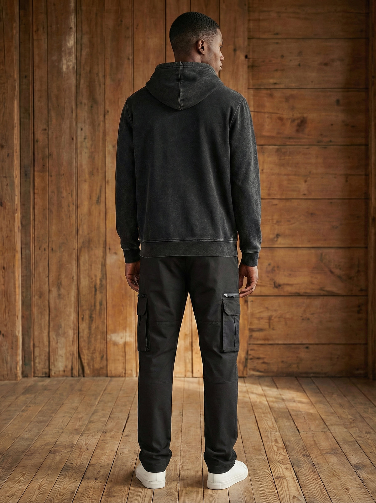 Black men’s vintage acid wash pullover hoodie, alternate view 3