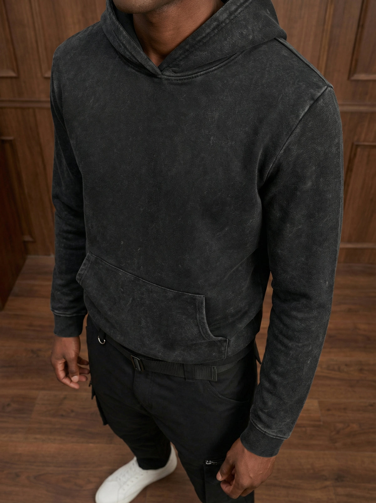 Black men’s vintage acid wash pullover hoodie, alternate view 4