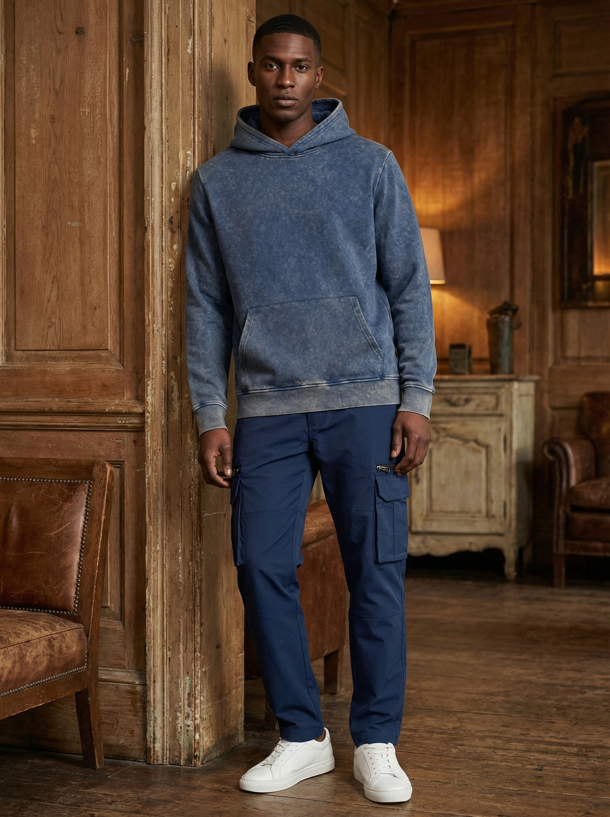 Blue men’s vintage acid wash pullover hoodie, alternate view 1