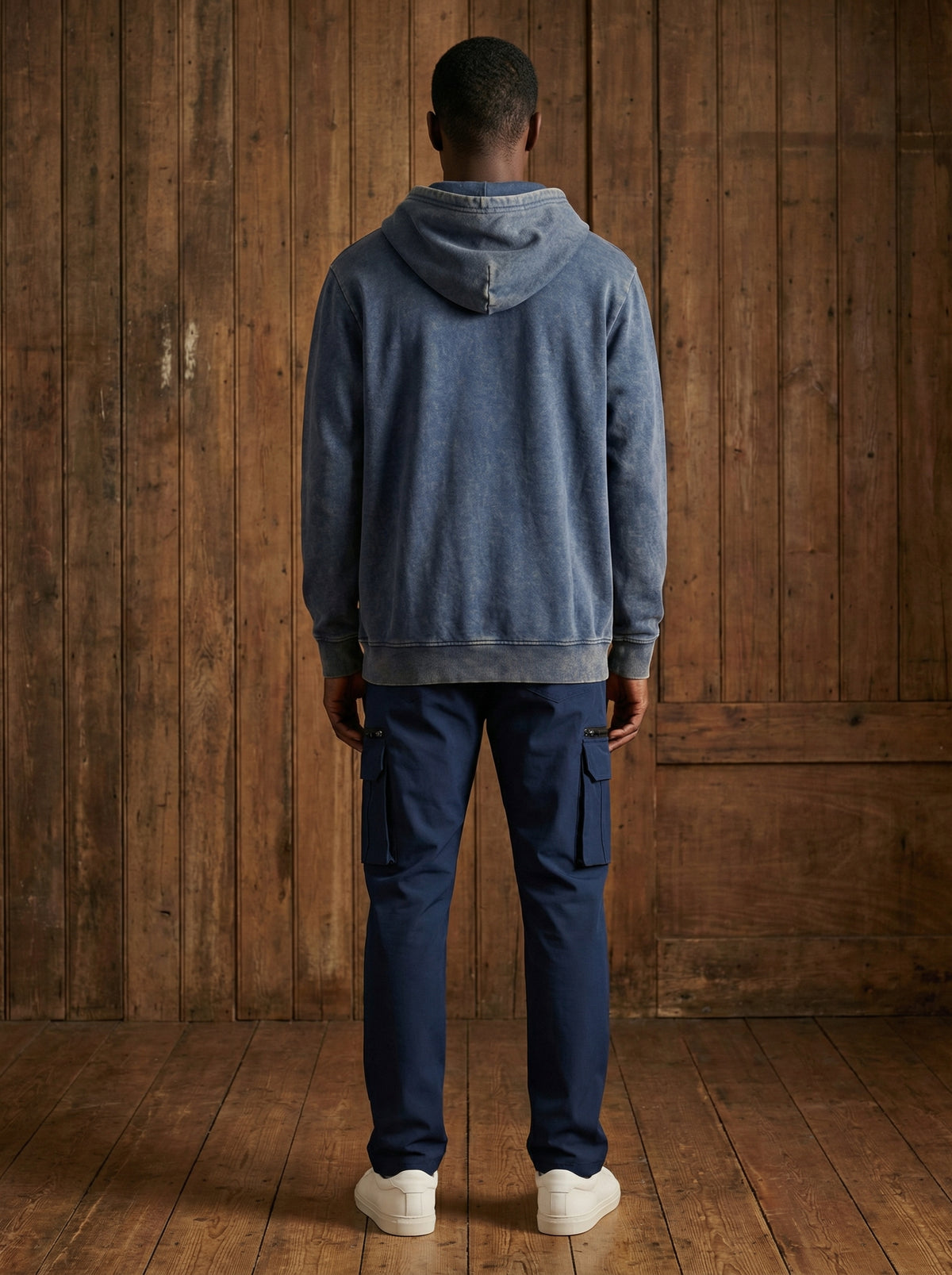 Blue men’s vintage acid wash pullover hoodie, alternate view 2