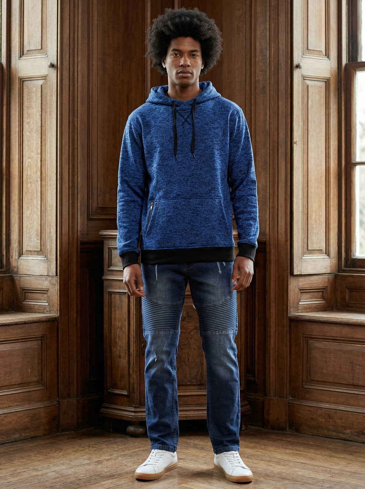 Cationic royal blue fleece pullover hoodie alternate view