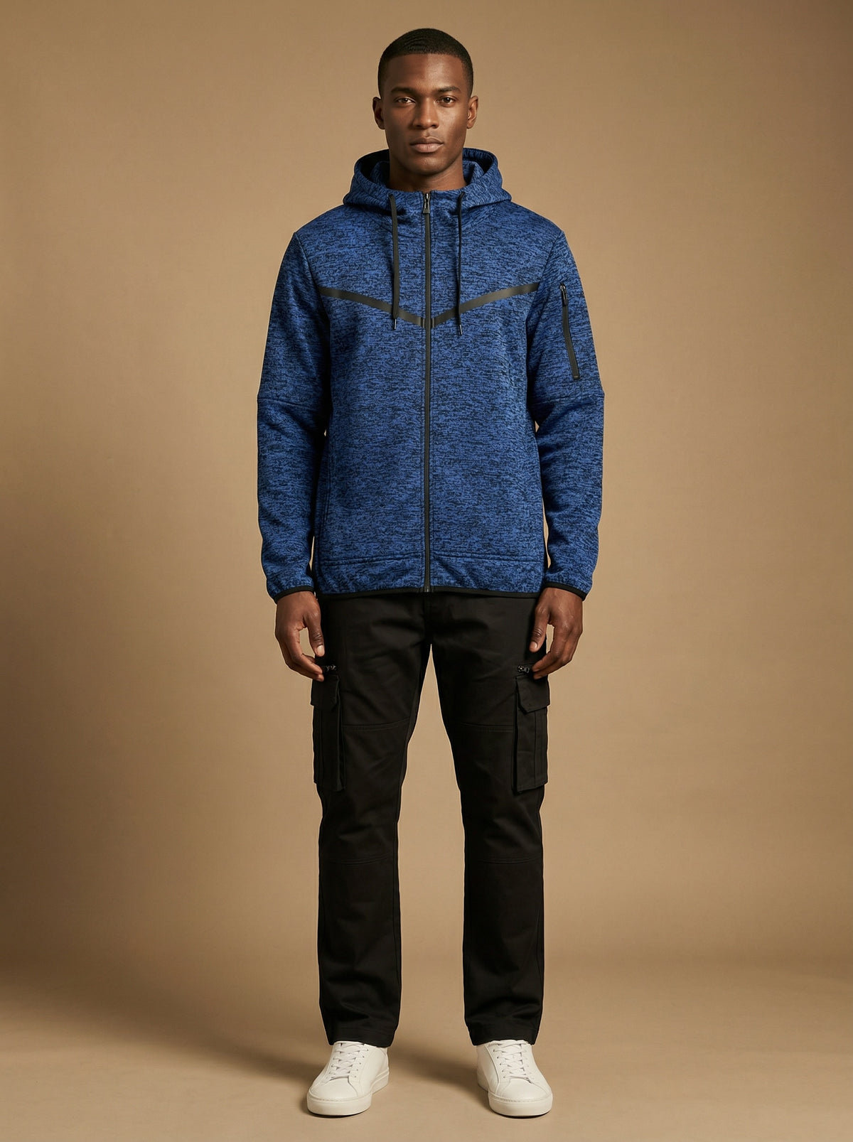 Cationic royal blue men’s solid tech fleece zip-up hoodie