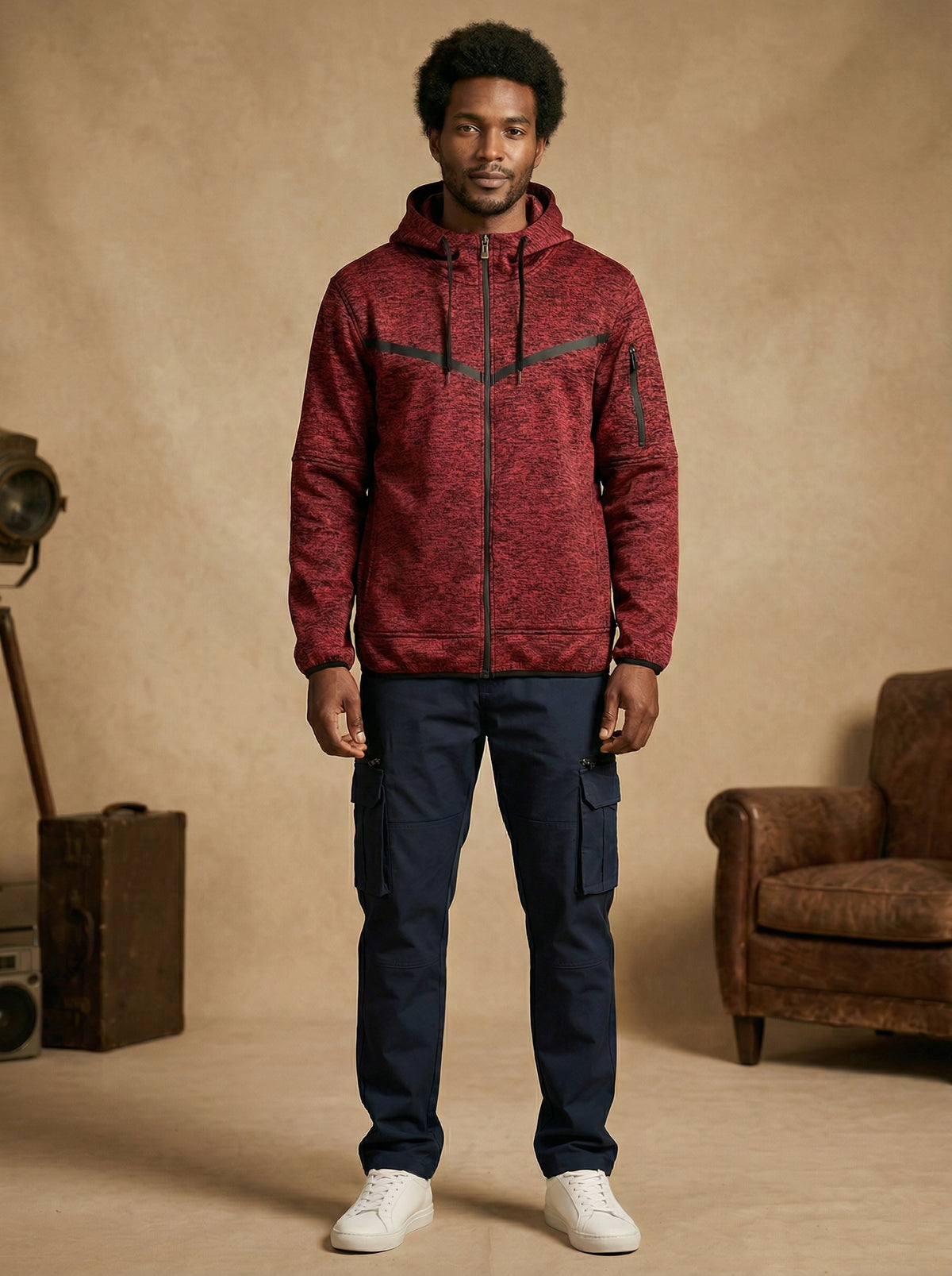 Cationic maroon men’s solid tech fleece zip-up hoodie
