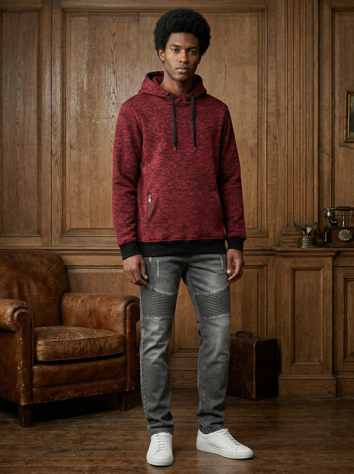 Man wearing the cationic maroon fleece pullover hoodie