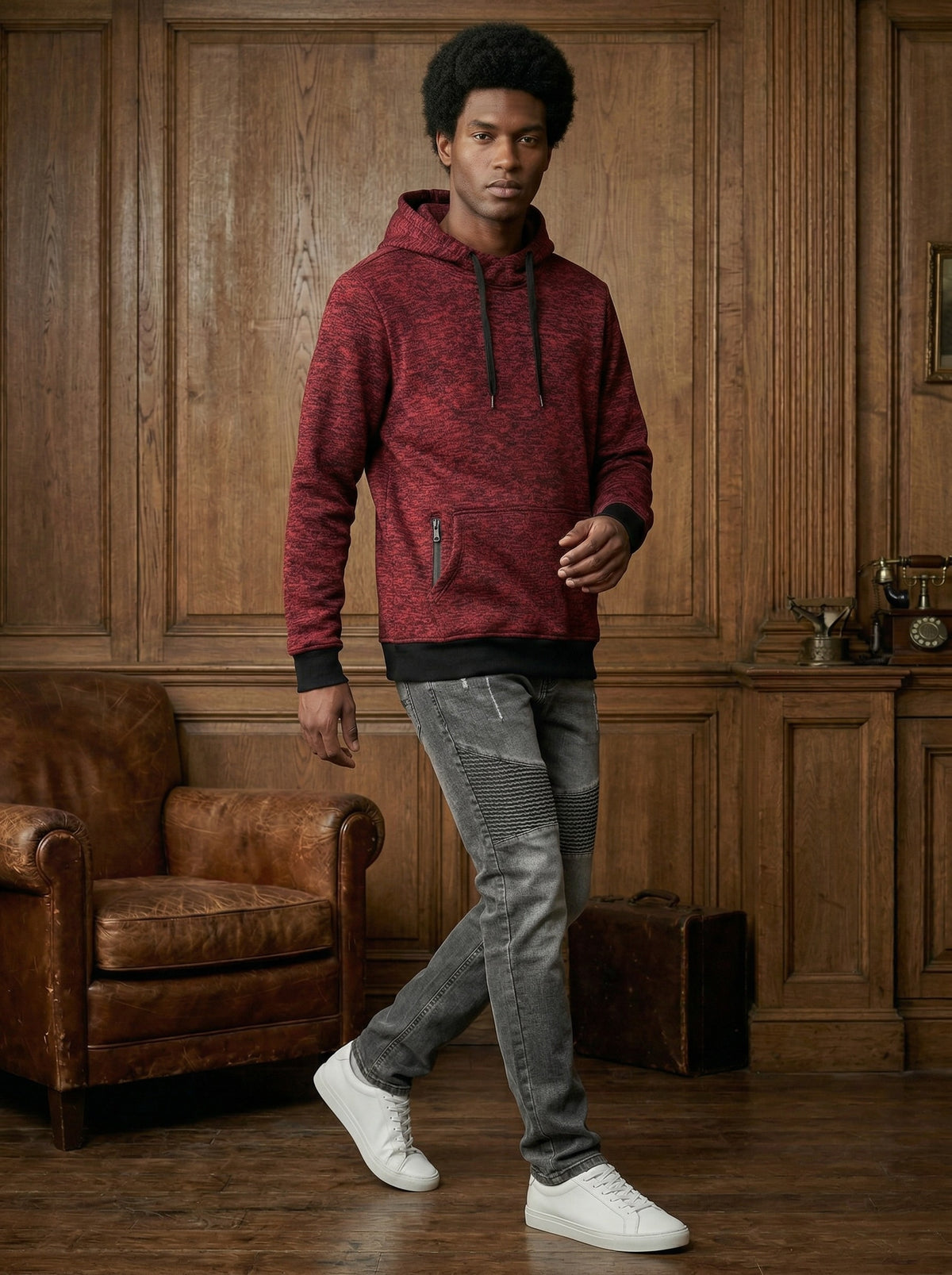 Cationic maroon fleece pullover hoodie alternate view