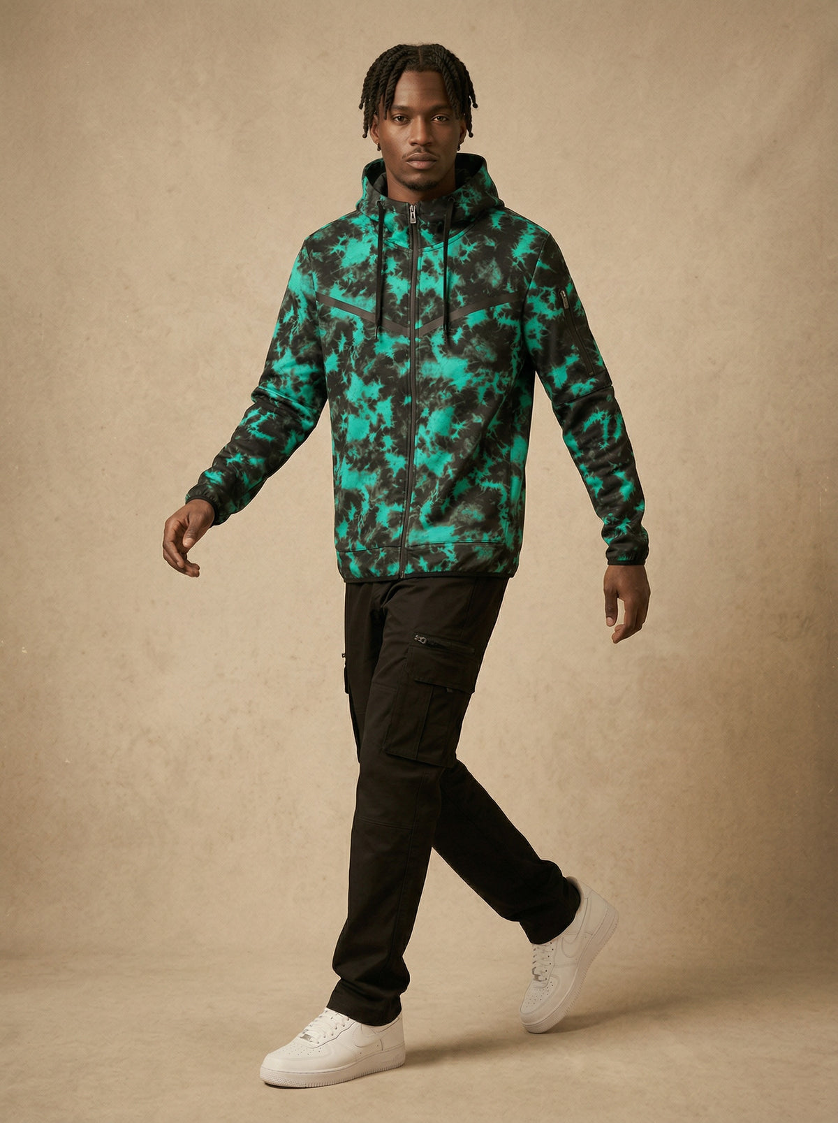 Green print tech fleece zip-up hoodie alternate view