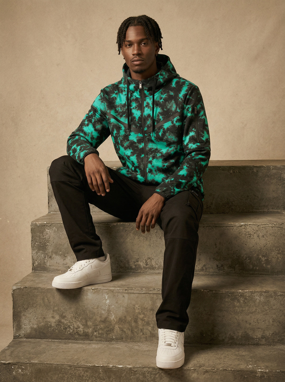 Green print tech fleece zip-up hoodie lifestyle view