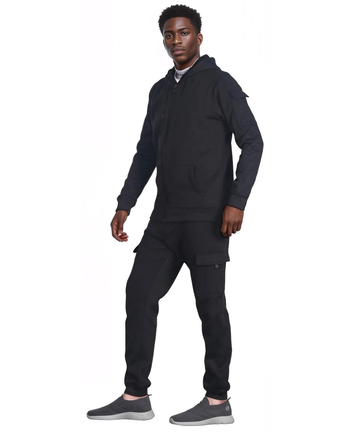 Men Fleece Jogger with utility Cargo Pockets Sweat jacket and Sweatpants Outfit