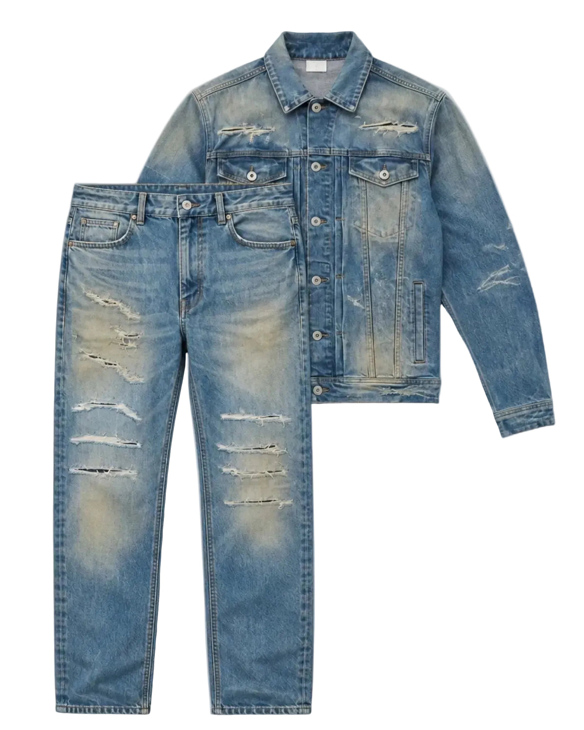 Men’s Vintage Distressed Light Wash Denim Jacket & Jeans Set