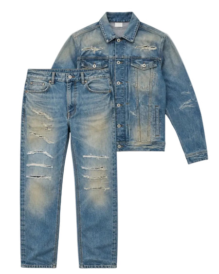 Men’s Vintage Distressed Light Wash Denim Jacket & Jeans Set