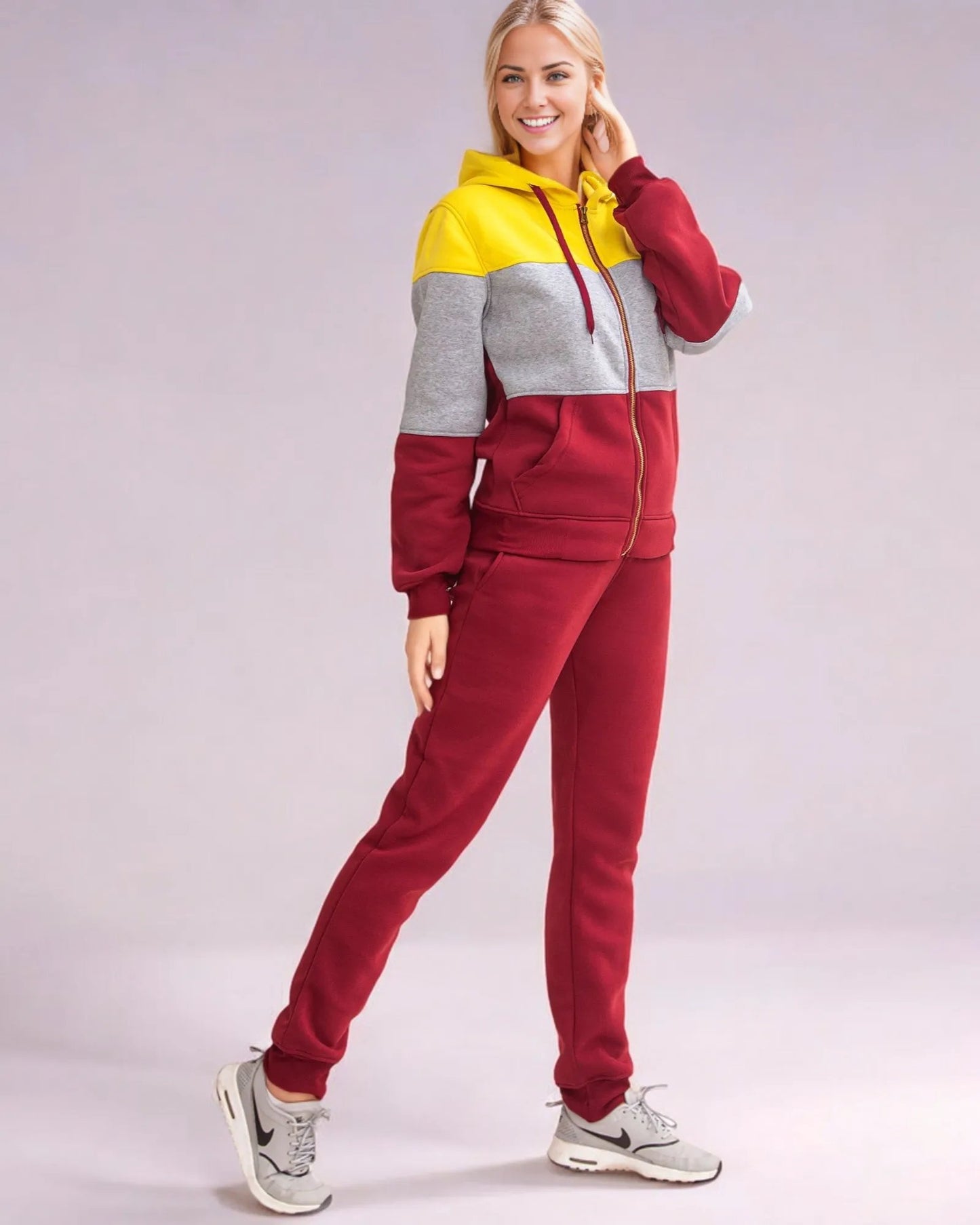 Women's ColorBlock Fleece SweatJacket and Jogger Sweatpants 2-Piece Fleece Suit