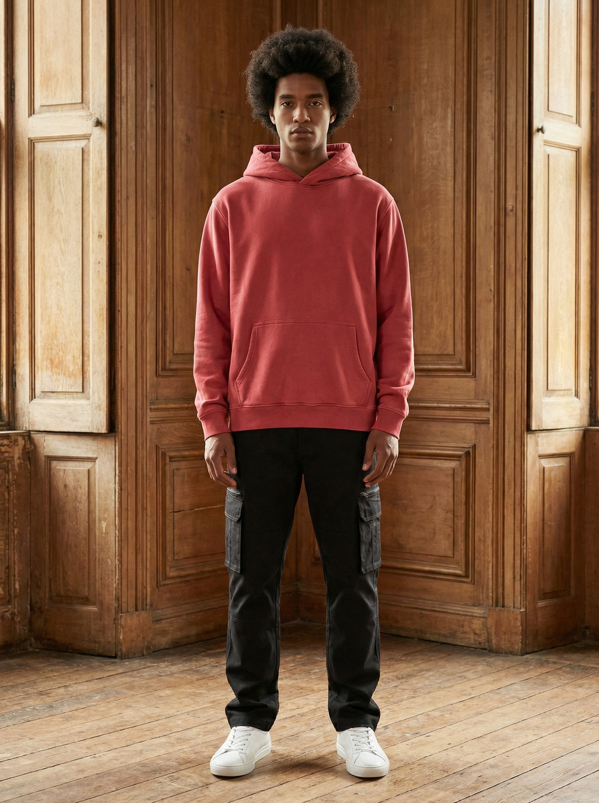 Man wearing the maroon CloudSoft cotton fleece pullover hoodie