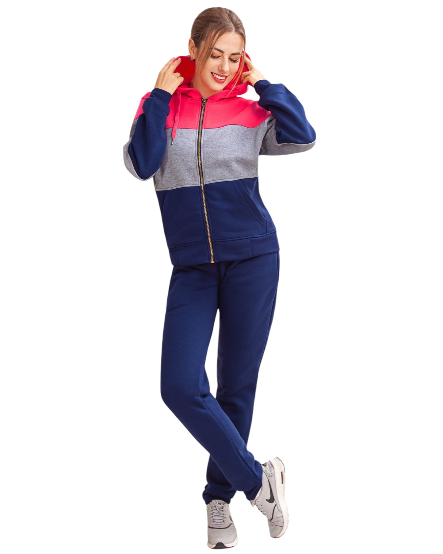 Women's ColorBlock Fleece SweatJacket and Jogger Sweatpants 2-Piece Fleece Suit