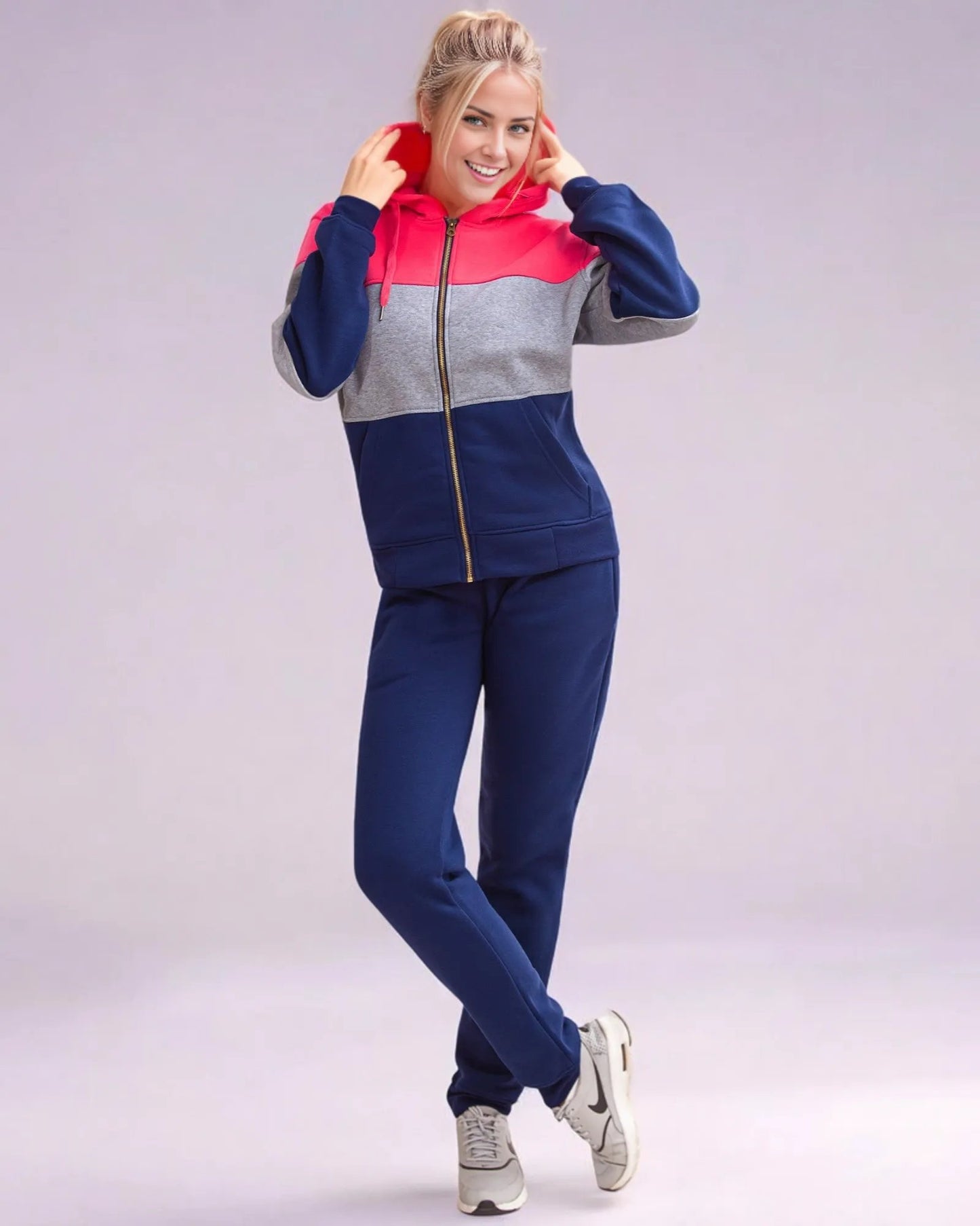 Women's ColorBlock Fleece SweatJacket and Jogger Sweatpants 2-Piece Fleece Suit