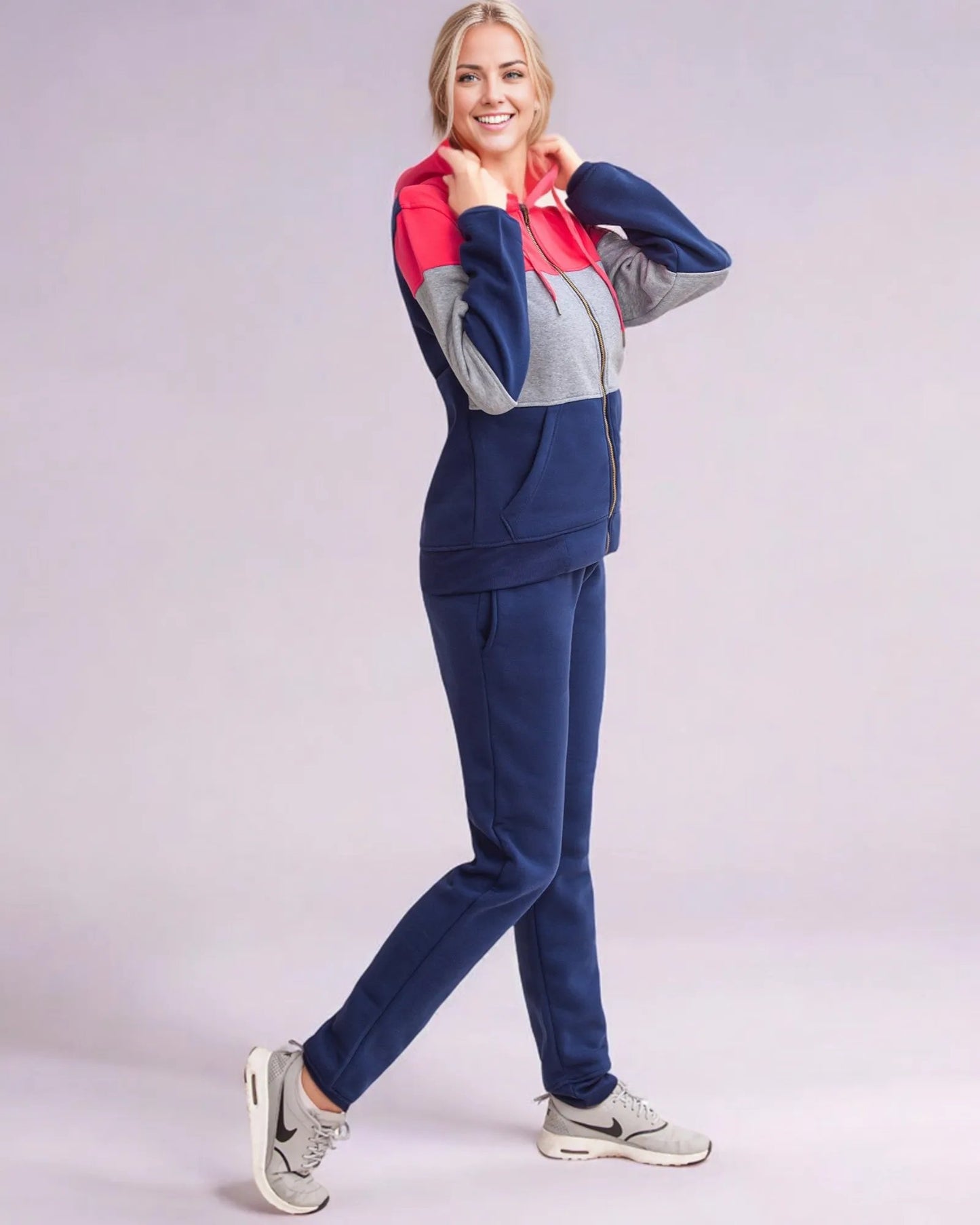 Women's ColorBlock Fleece SweatJacket and Jogger Sweatpants 2-Piece Fleece Suit