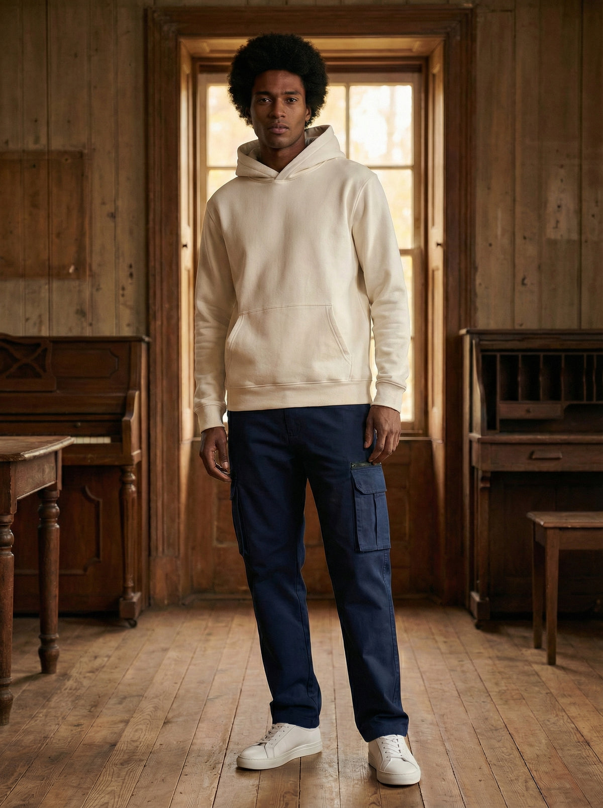Man wearing the off-white CloudSoft cotton fleece pullover hoodie