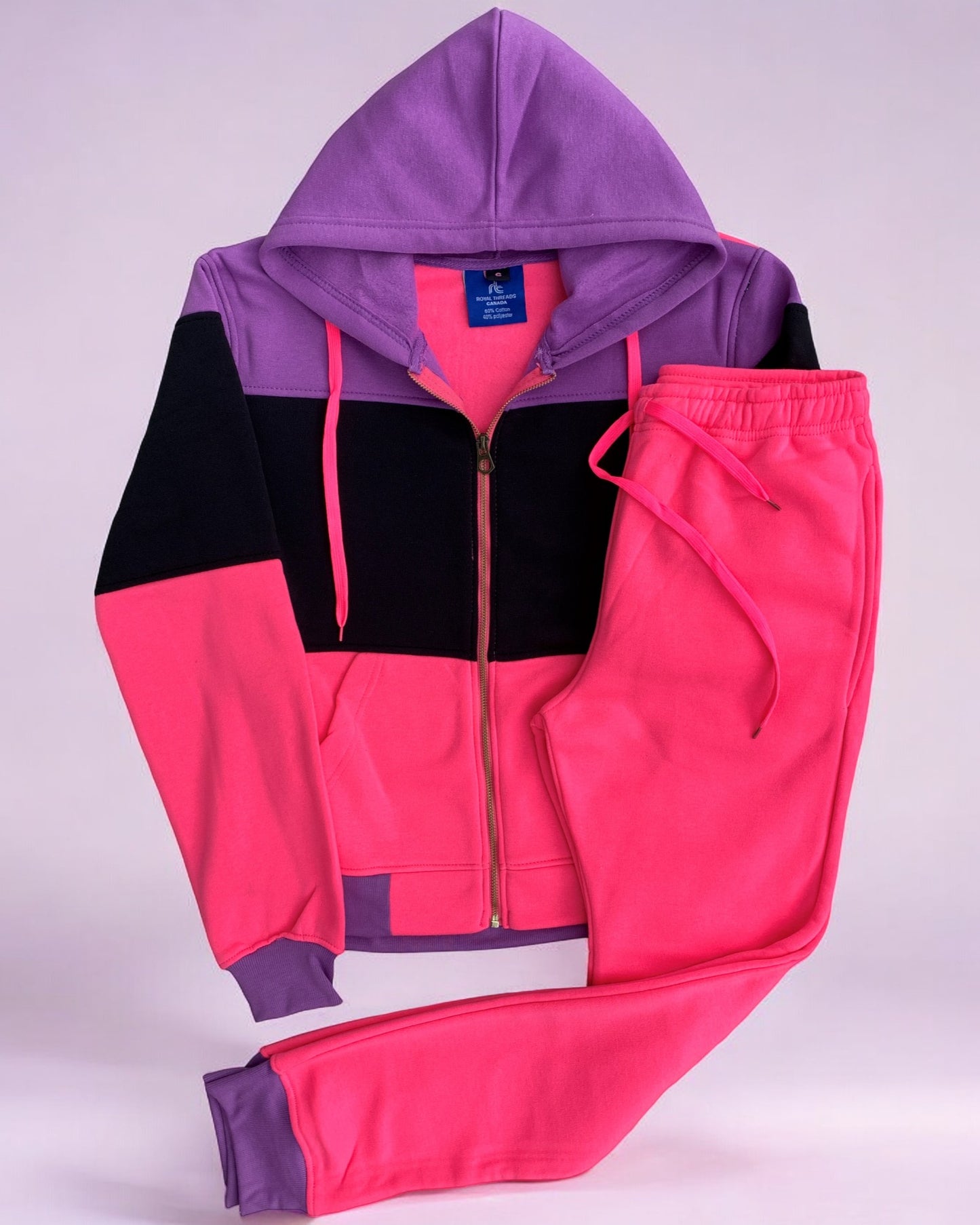 Women's ColorBlock Fleece SweatJacket and Jogger Sweatpants 2-Piece Fleece Suit