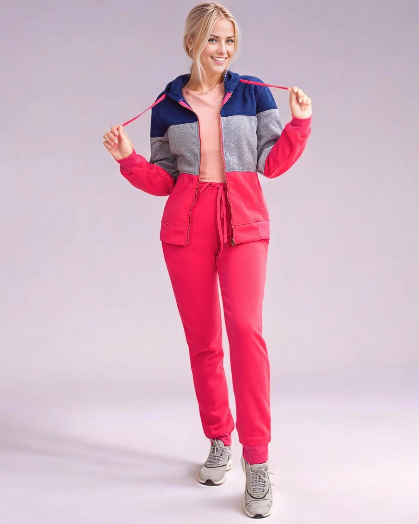 Women's ColorBlock Fleece SweatJacket and Jogger Sweatpants 2-Piece Fleece Suit