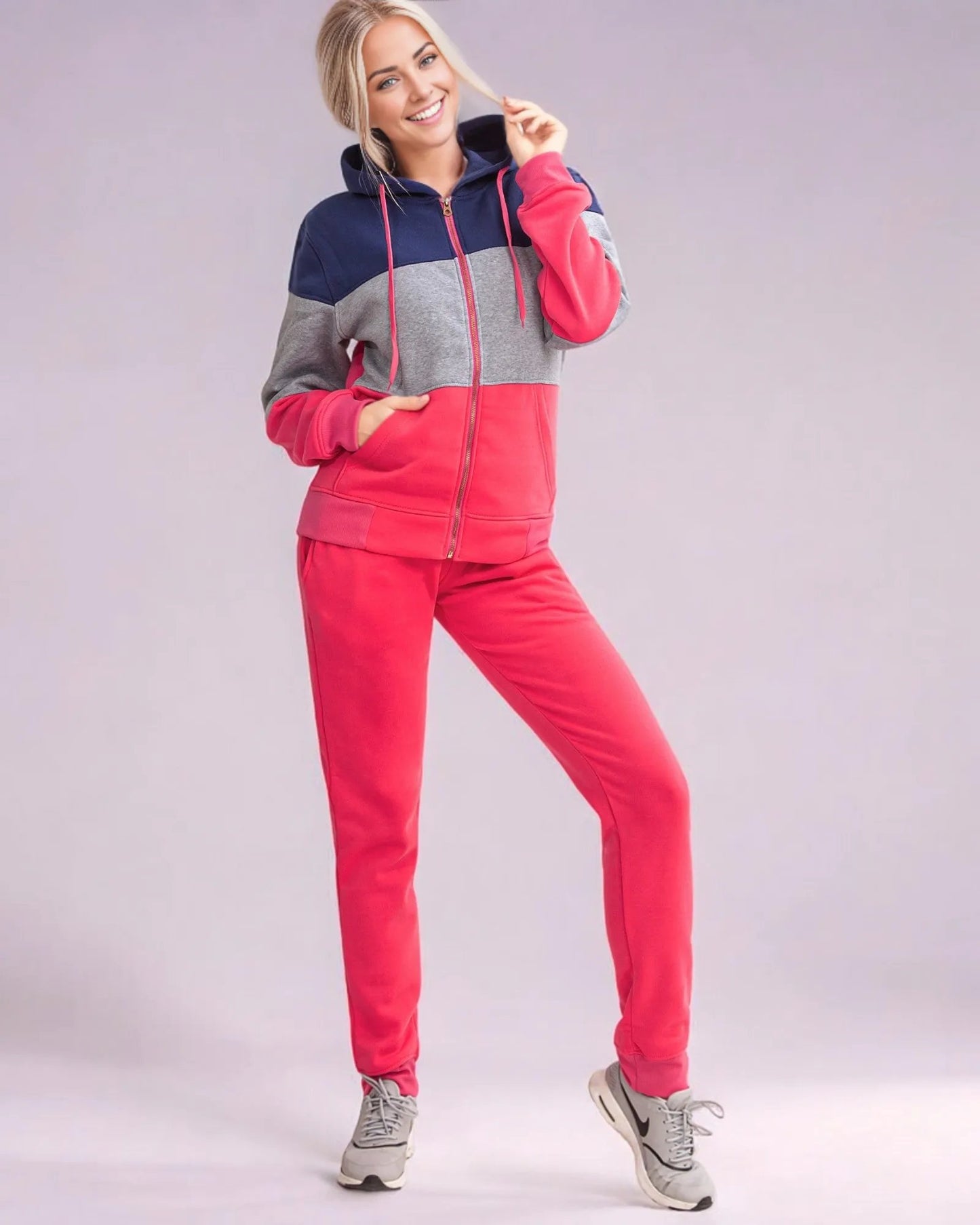 Women's ColorBlock Fleece SweatJacket and Jogger Sweatpants 2-Piece Fleece Suit