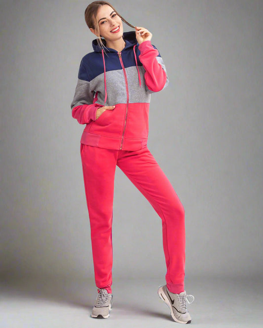 Women's ColorBlock Fleece SweatJacket and Jogger Sweatpants 2-Piece Fleece Suit